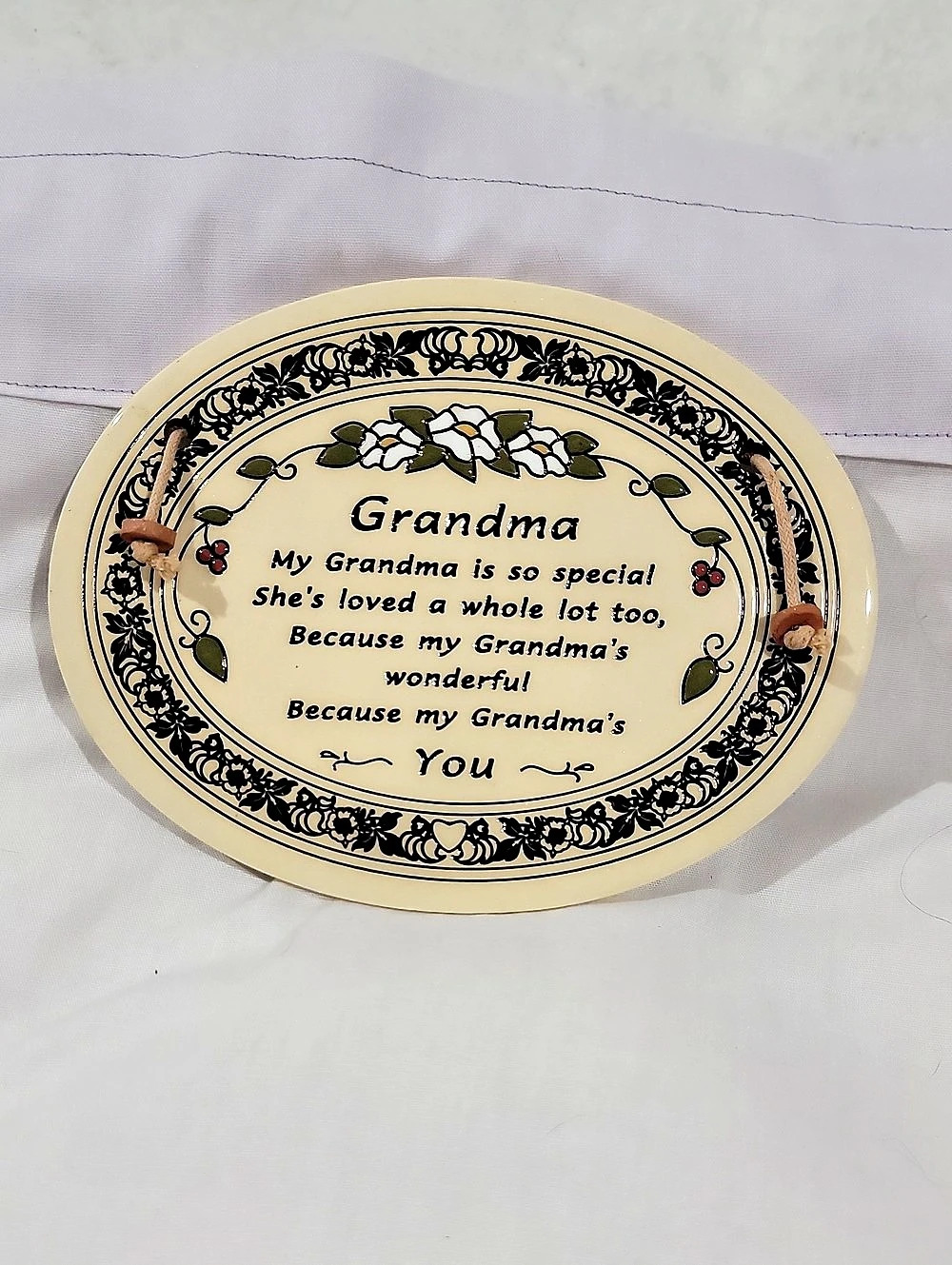 Vintage Trinity Pottery Grandma Oval Wall Plaque Floral Cream & Black